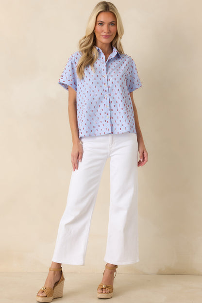 Prosperina Meg Blue Gingham Embroidered Top
