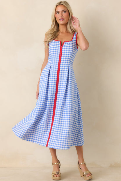 Pack the Film & Sunscreen Blue Gingham Contrast Trim Midi Dress