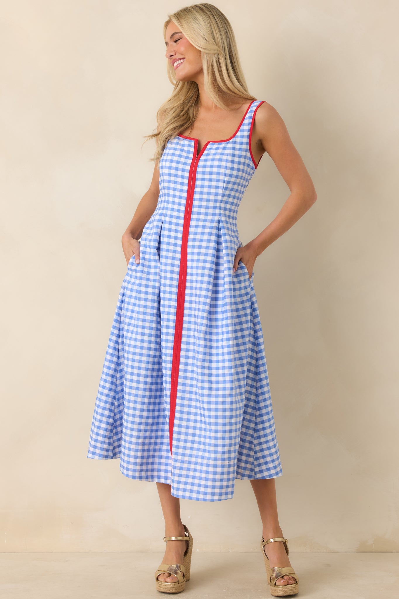 Pack the Film & Sunscreen Blue Gingham Contrast Trim Midi Dress