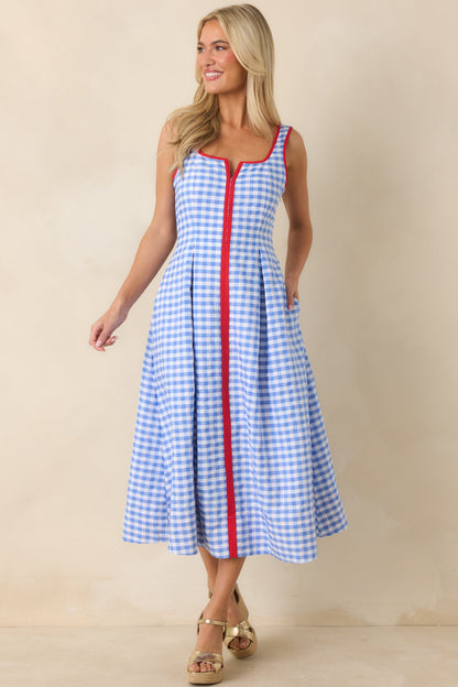 Pack the Film & Sunscreen Blue Gingham Contrast Trim Midi Dress