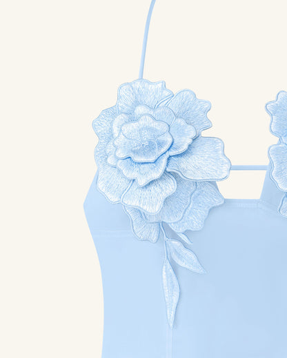 Flower 刺繡迷你洋裝 - 藍色