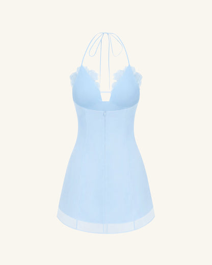 Flower 刺繡迷你洋裝 - 藍色