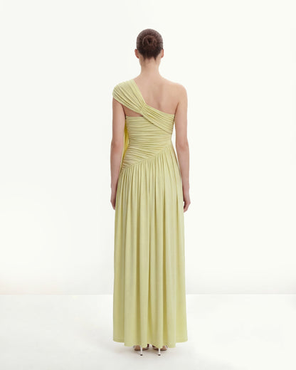 縷褶單肩垂墜腰帶長洋裝 - 綠色