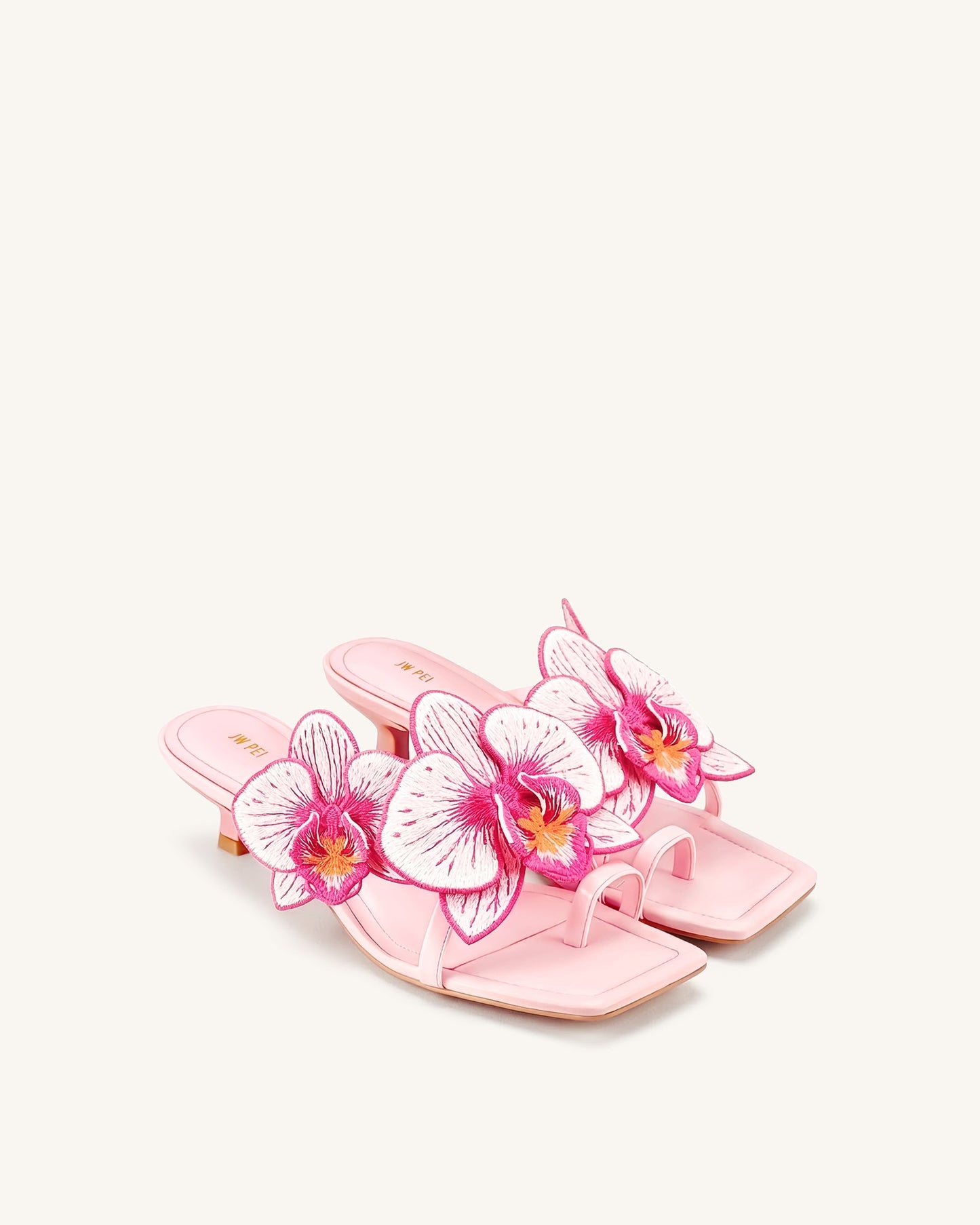 Serena 蘭花刺繡套趾高跟涼鞋 - 淺粉紅色