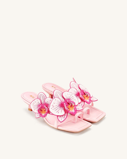 Serena 蘭花刺繡套趾高跟涼鞋 - 淺粉紅色