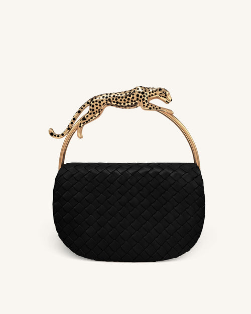 Ione 豹型提把編織手提包 - 黑色