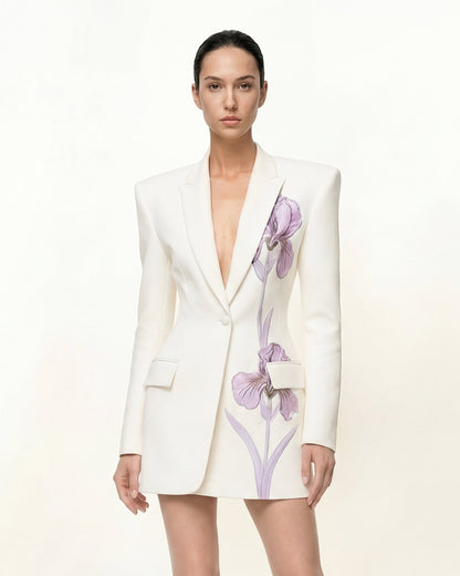 Iris 刺繡沙漏型西裝外套 - 白色