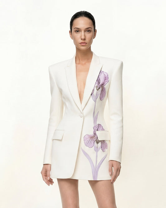 Iris 刺繡沙漏型西裝外套 - 白色
