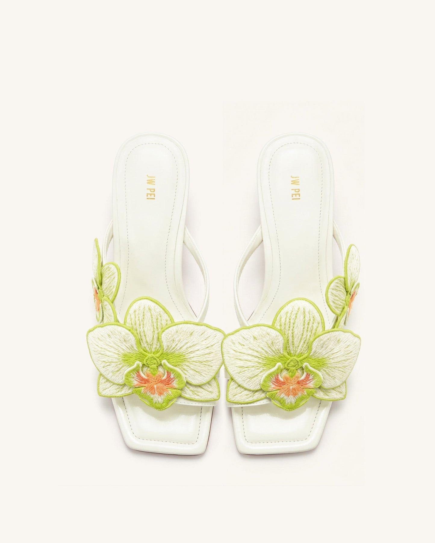 Serena 蘭花刺繡套趾高跟涼鞋 - 象牙綠色
