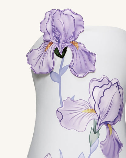 Iris 花卉印花平口A字長洋裝 – 白色