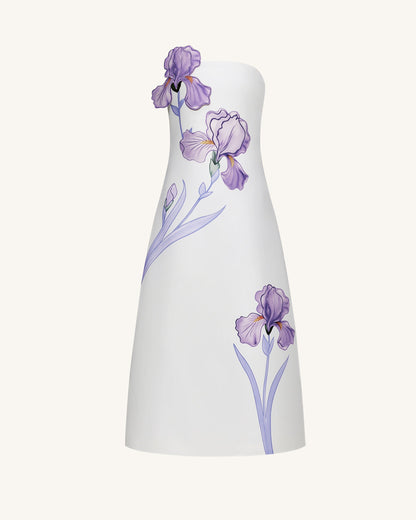Iris 花卉印花平口A字長洋裝 – 白色