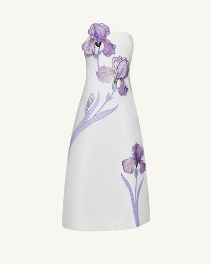 Iris 花卉印花平口A字長洋裝 – 白色