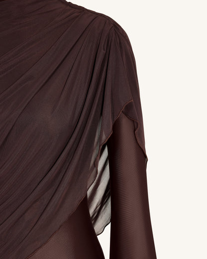 薄紗披肩抓皺緊身長版禮服 - 棕色