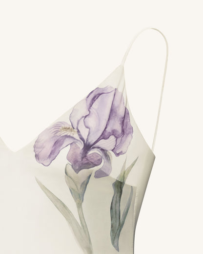 Iris 圖案緞面吊帶長禮服 - 白色