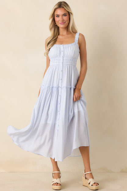 Keep You 'Til the End Light Blue Pinstripe Smocked Waist Midi Dress