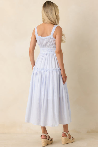Keep You 'Til the End Light Blue Pinstripe Smocked Waist Midi Dress