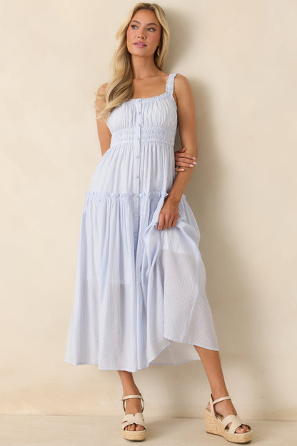 Keep You 'Til the End Light Blue Pinstripe Smocked Waist Midi Dress