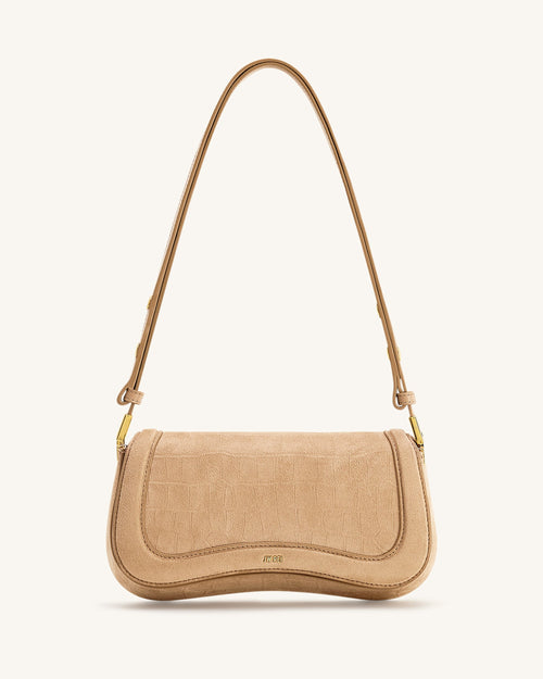 Joy 鱷魚紋壓花仿麂皮肩背包 - 米色