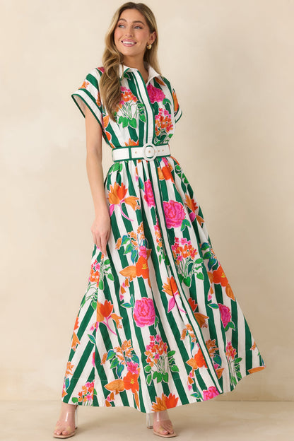 Prosperina Jocelyn Green Multi Floral Stripe Cotton Maxi Dress