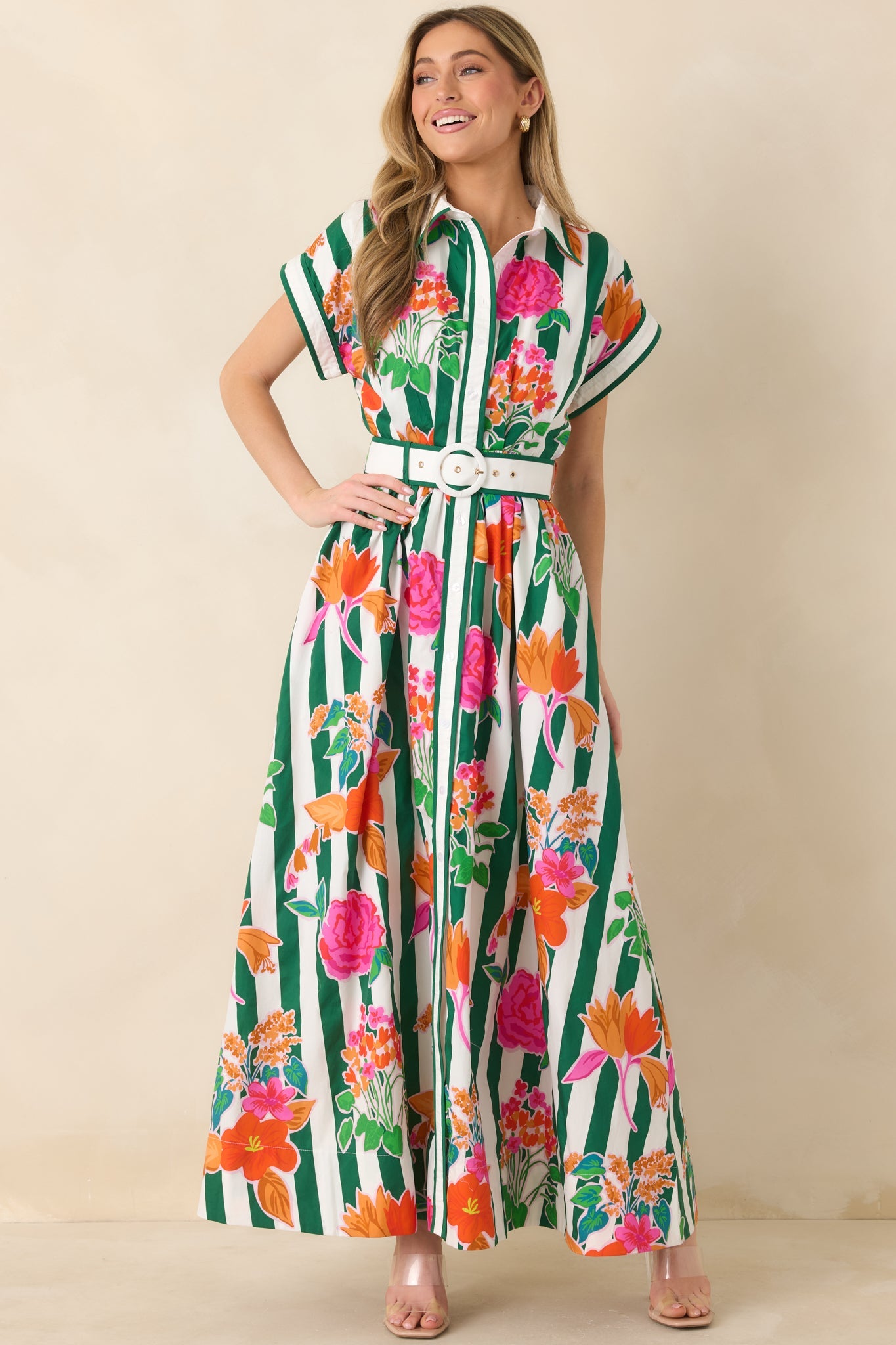 Prosperina Jocelyn Green Multi Floral Stripe Cotton Maxi Dress