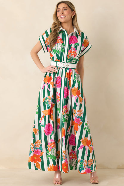 Prosperina Jocelyn Green Multi Floral Stripe Cotton Maxi Dress