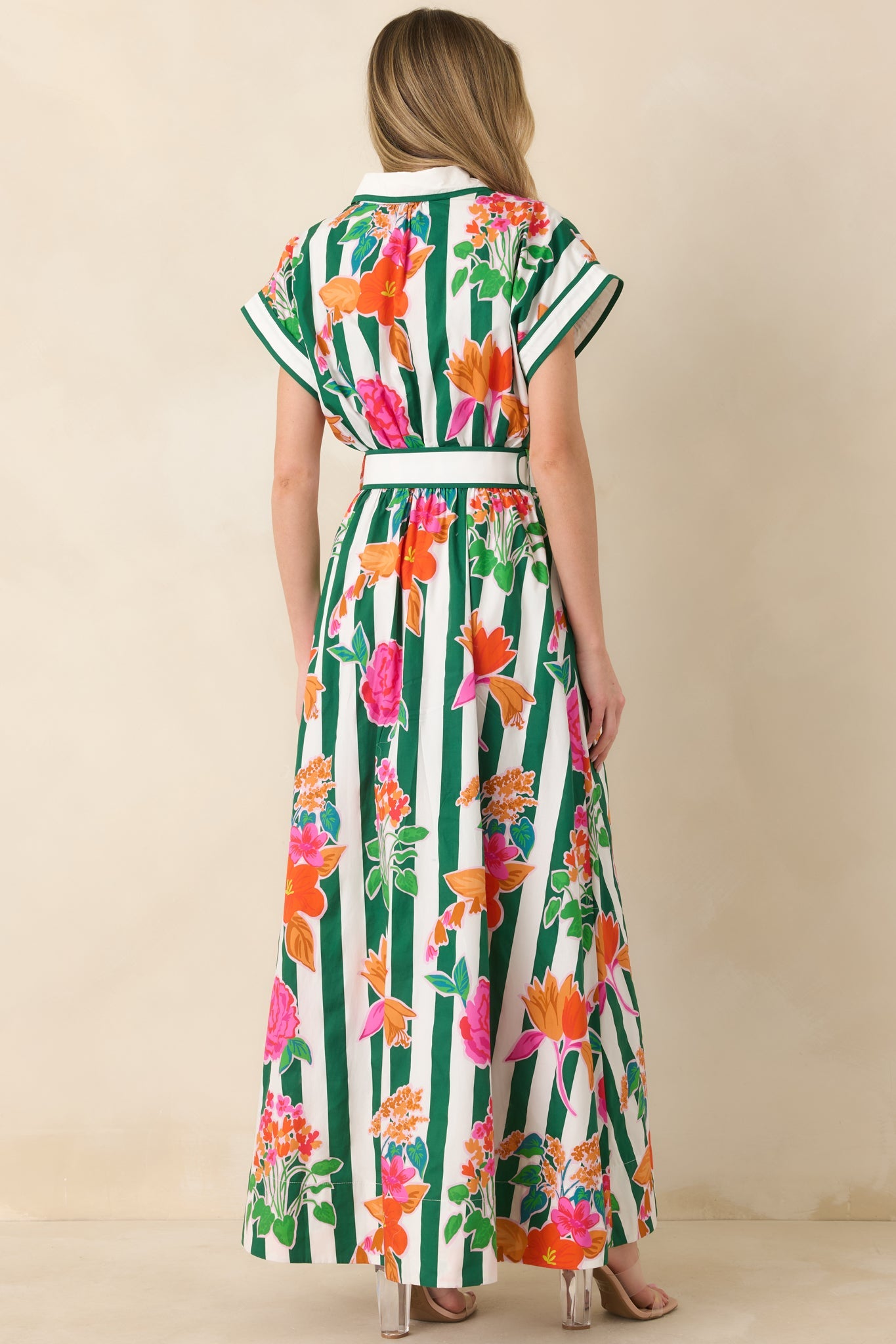 Prosperina Jocelyn Green Multi Floral Stripe Cotton Maxi Dress