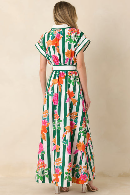 Prosperina Jocelyn Green Multi Floral Stripe Cotton Maxi Dress