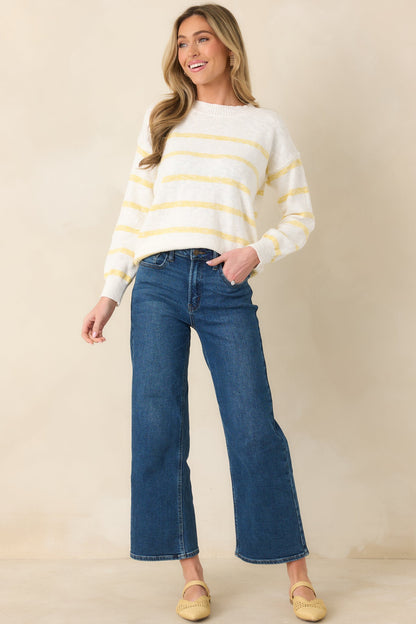 My Day Off Ivory & Yellow Cotton Stripe Sweater
