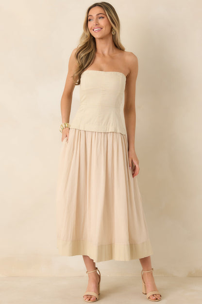 You Already Know Beige Cotton Bustier Bodice Strapless Midi Dress