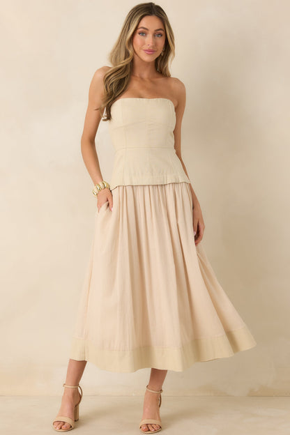 You Already Know Beige Cotton Bustier Bodice Strapless Midi Dress