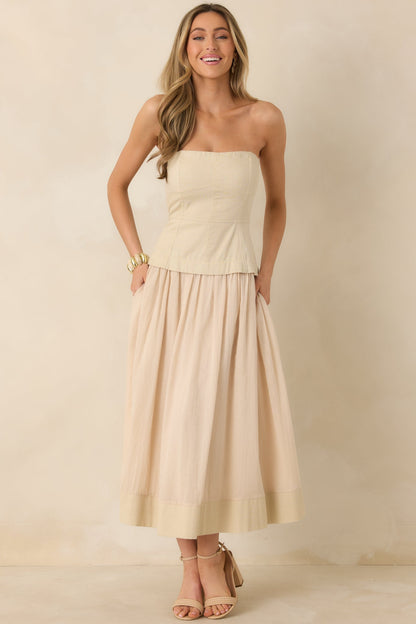 You Already Know Beige Cotton Bustier Bodice Strapless Midi Dress