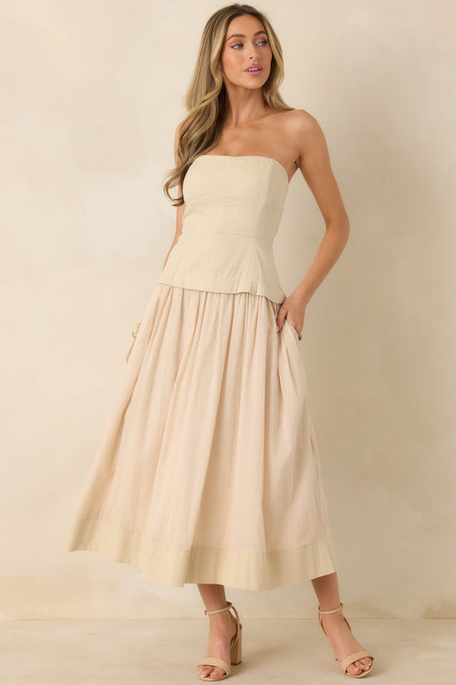 You Already Know Beige Cotton Bustier Bodice Strapless Midi Dress