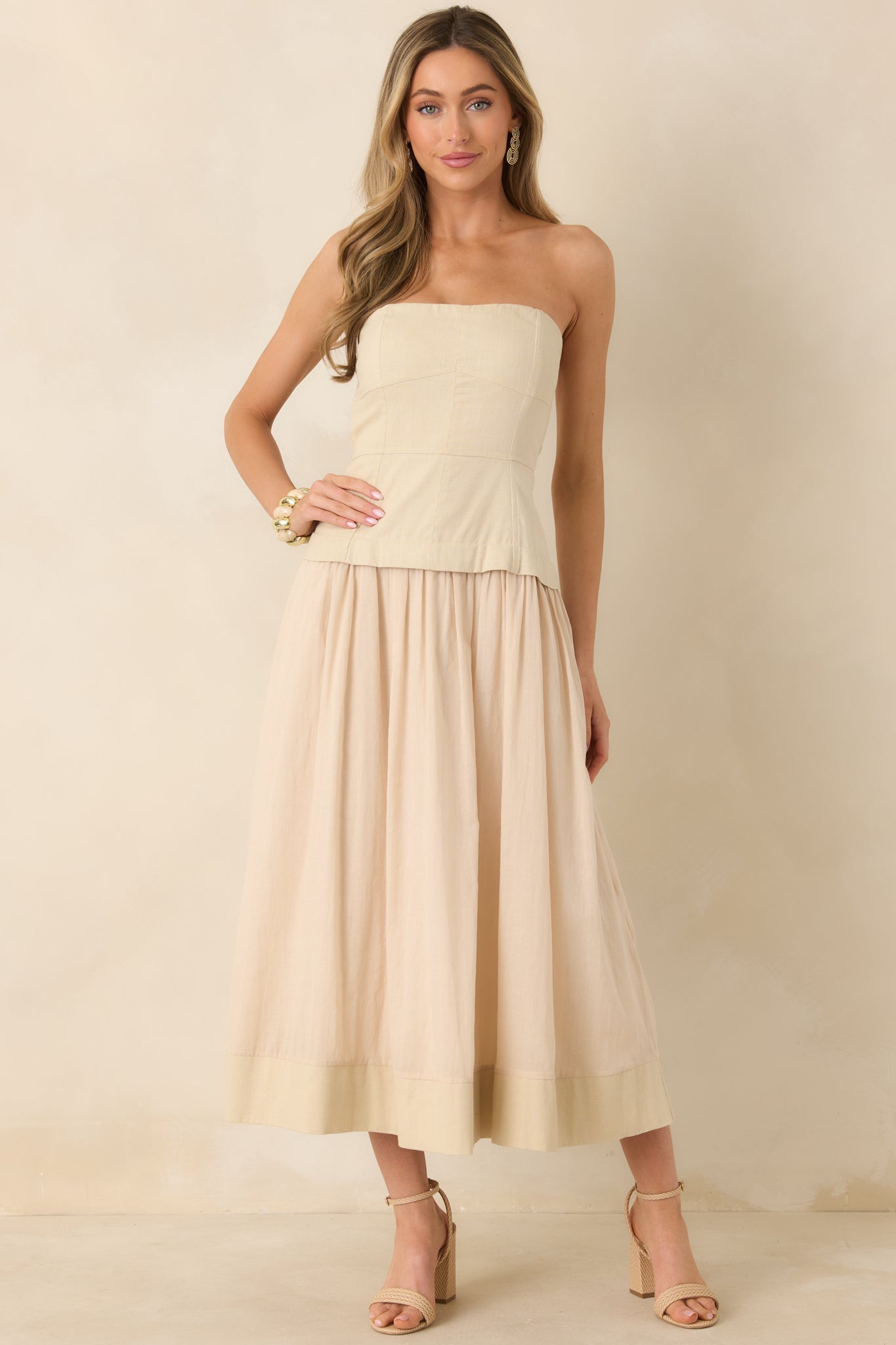 You Already Know Beige Cotton Bustier Bodice Strapless Midi Dress