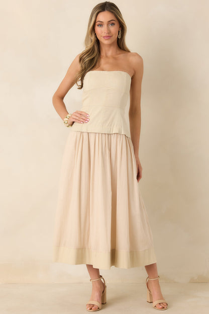 You Already Know Beige Cotton Bustier Bodice Strapless Midi Dress