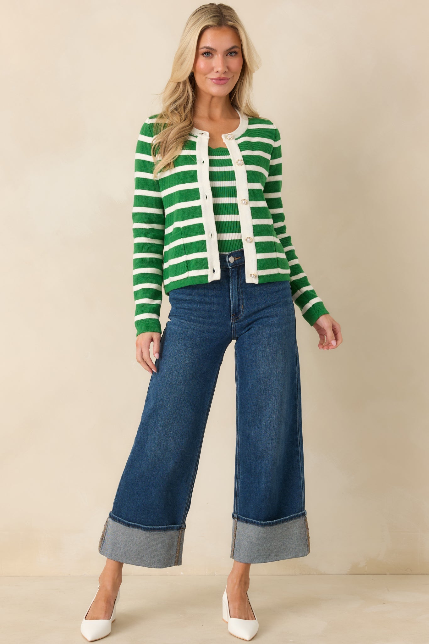 Prosperina Kennedy Kelly Green Stripe Cotton Cardigan