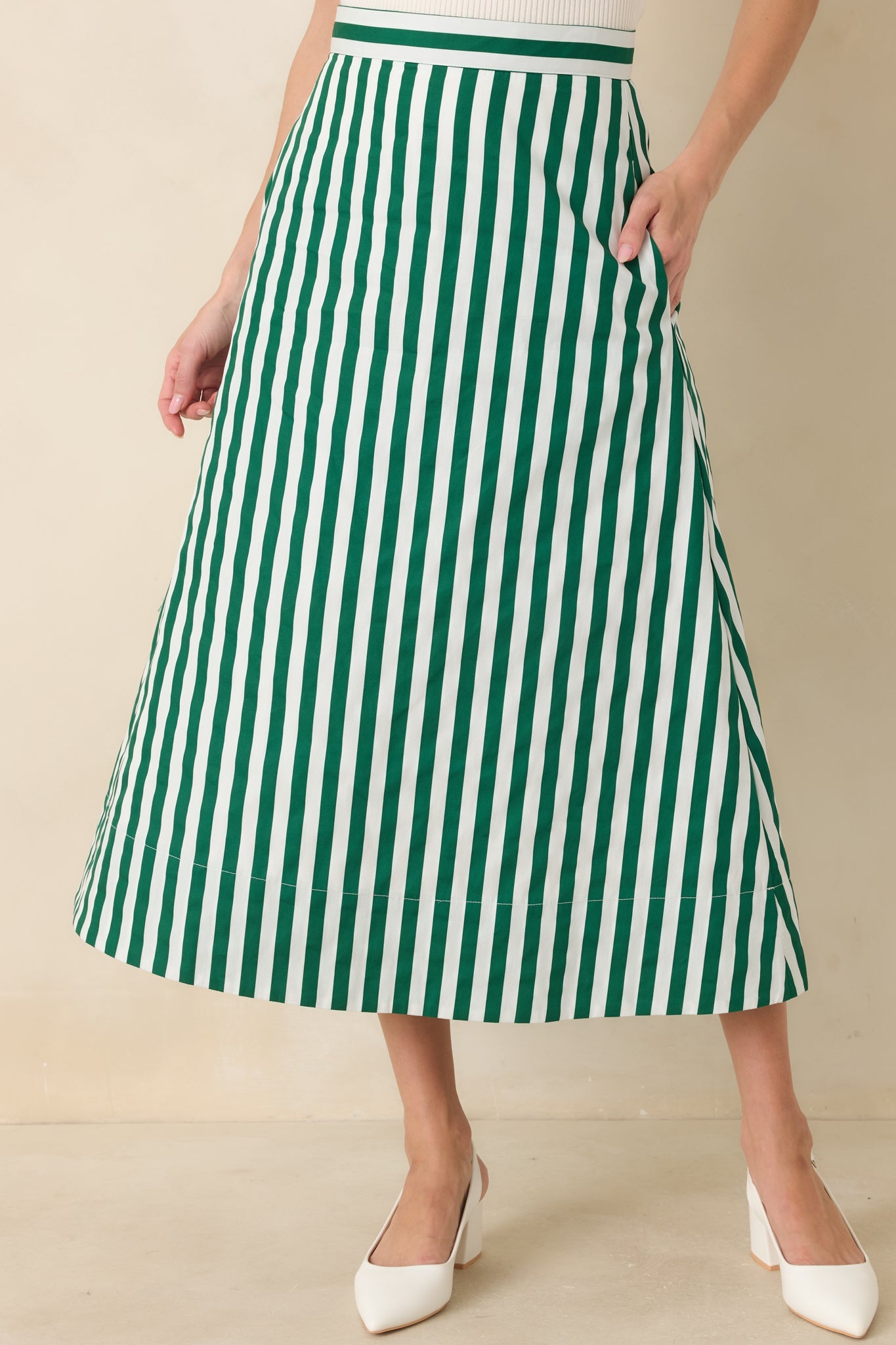Prosperina Opal Green Stripe Cotton Midi Skirt