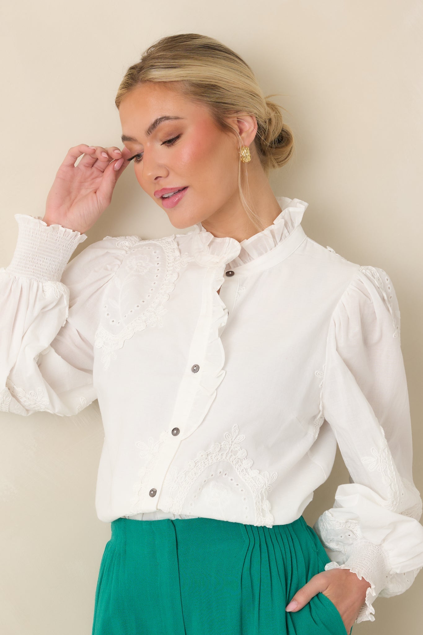 I Will Be Here White Eyelet Appliqué Detail Cotton Long Sleeve Blouse