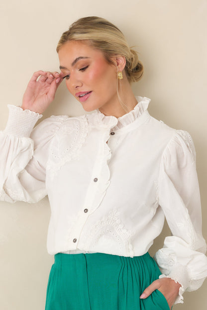I Will Be Here White Eyelet Appliqué Detail Cotton Long Sleeve Blouse