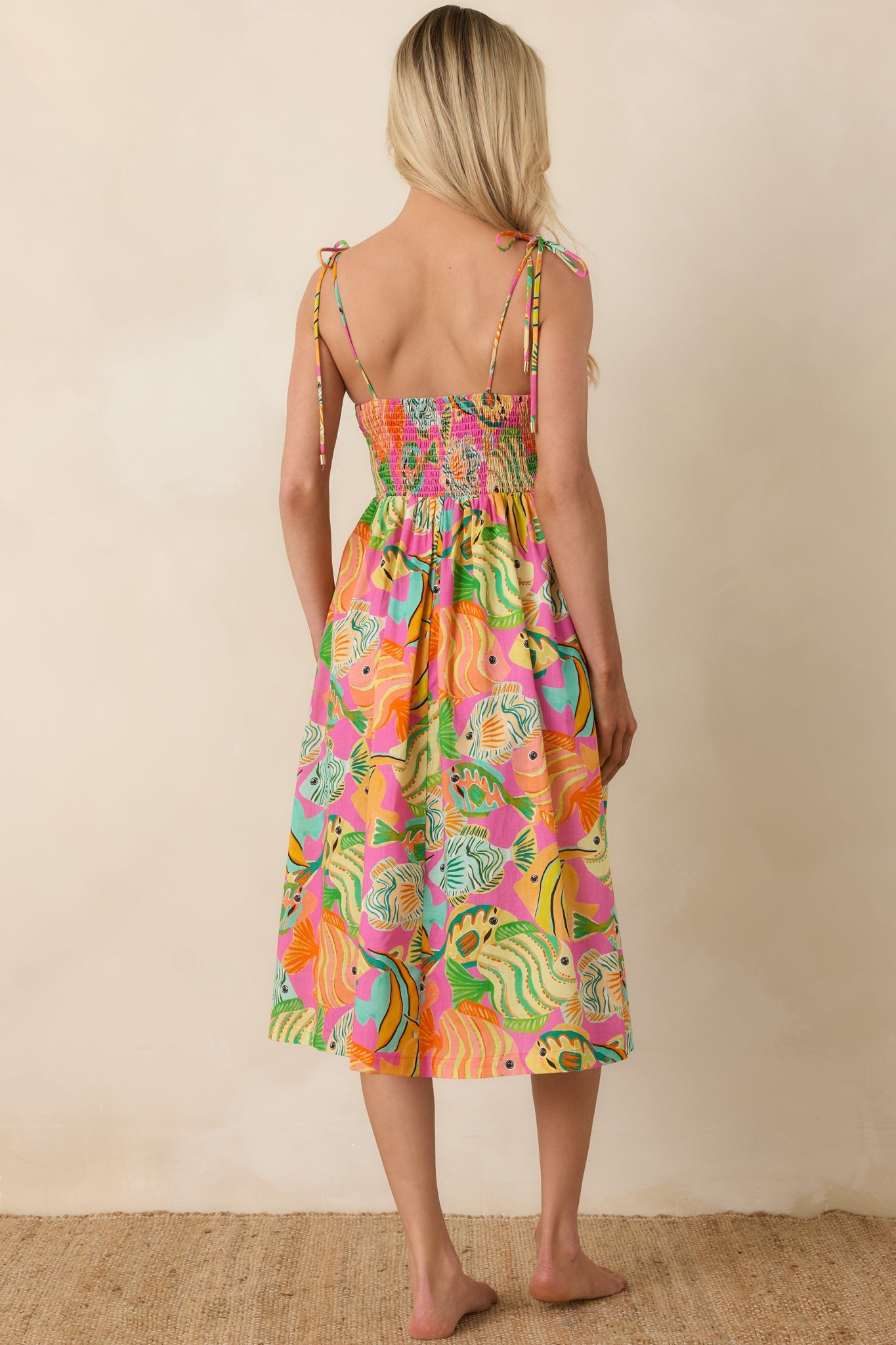 Paradisa Edgewater Pink Multi Cotton Fish Print Midi Dress