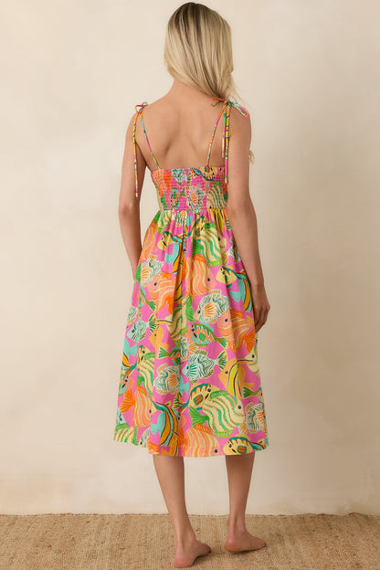 Paradisa Edgewater Pink Multi Cotton Fish Print Midi Dress