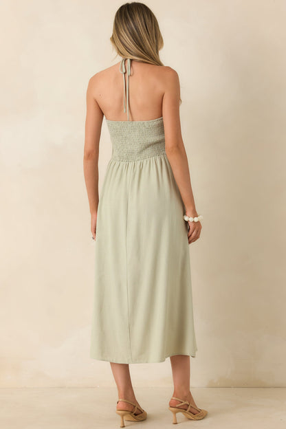 Life is But a Dream Sage Green Beaded Halter Midi Dress