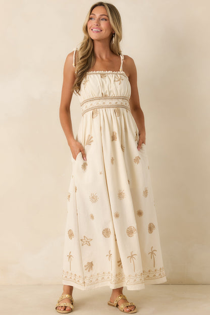 Toes In the Sand Ivory Embroidered Cotton Maxi Dress