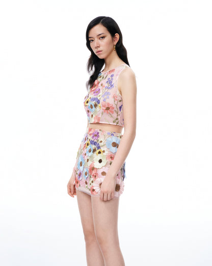 Valentino 3D立體花卉刺繡洋裝套裝－粉彩混色