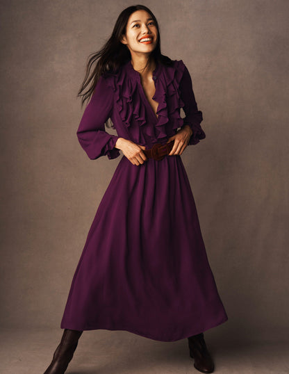 Ruffle Front Shirt Dress-Dark Cherry