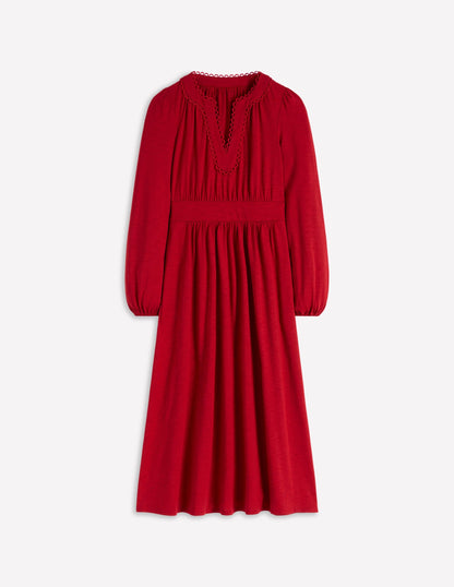 Maddie Picot Trim Midi Dress-Carmine Red