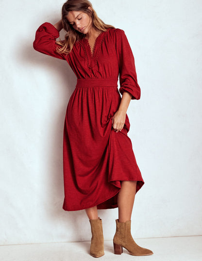 Maddie Picot Trim Midi Dress-Carmine Red