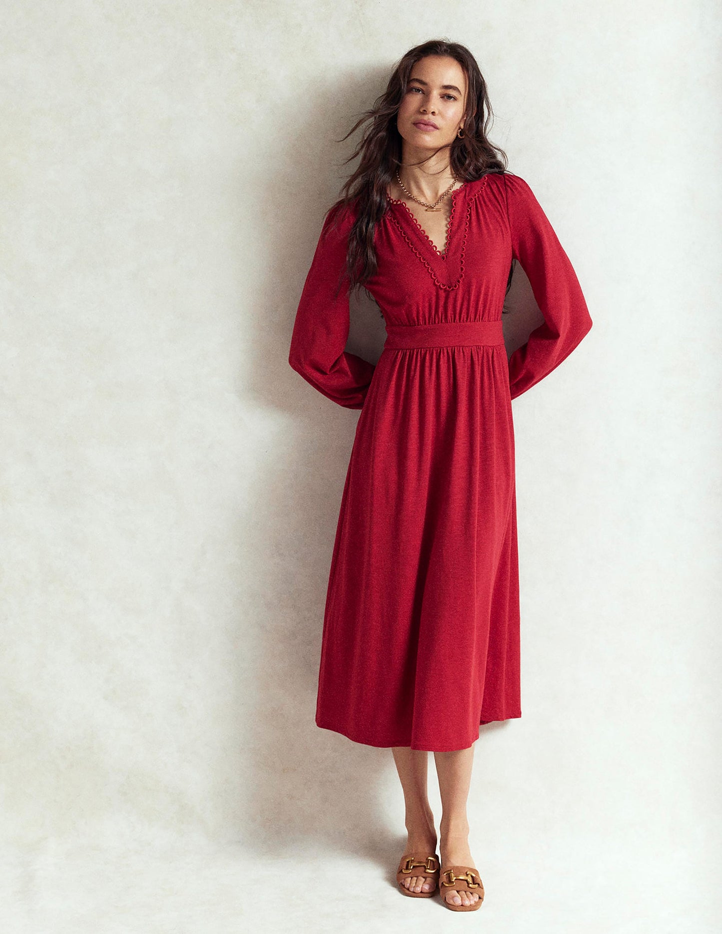 Maddie Picot Trim Midi Dress-Carmine Red
