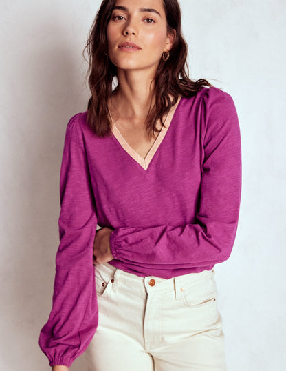 Metallic Trim V-neck Top-Rich Magenta