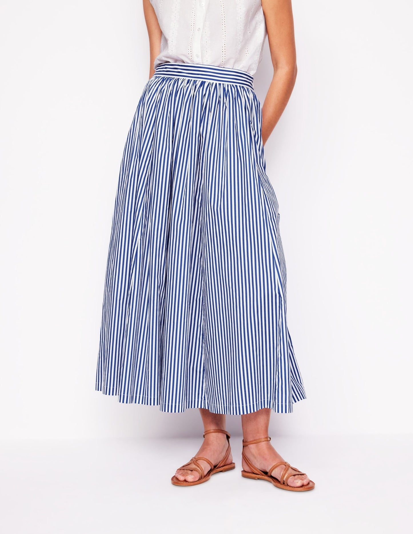 Full Poplin Maxi Skirt-Kingfisher Blue, Fine Stripe