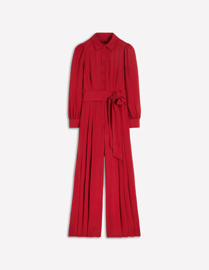 Button Up Palazzo Jumpsuit-Red